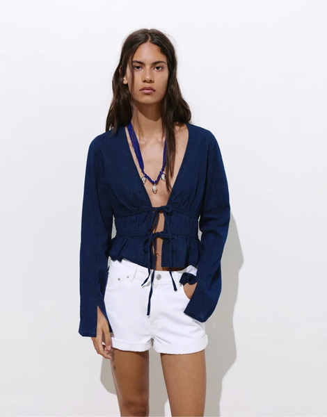  Pull & Bear Denim Blouse With Ties In Dark Blue 