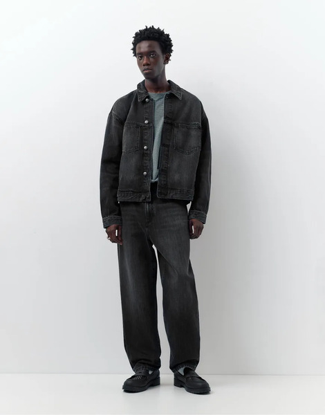  Pull & Bear Denim Trucker Jacket In Faded Black Grey 
