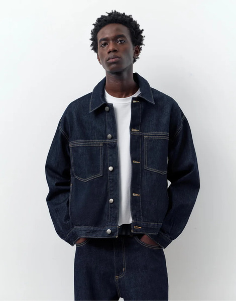  Pull & Bear Denim Trucker Jacket In Navy 