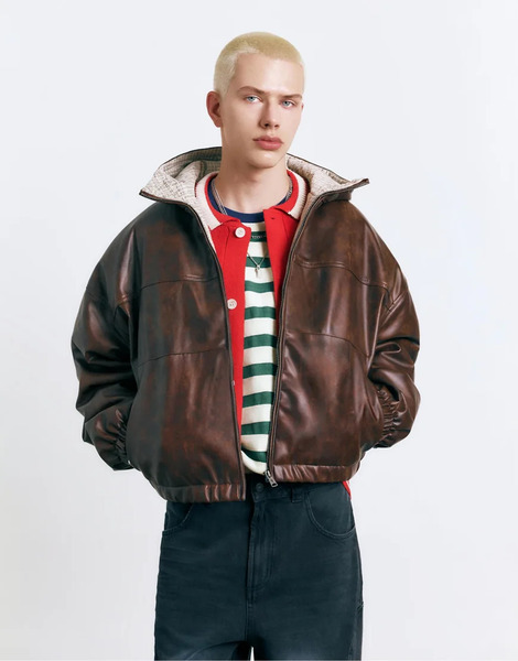  Pull & Bear Distressed Leather Effect Jacket In Brown 