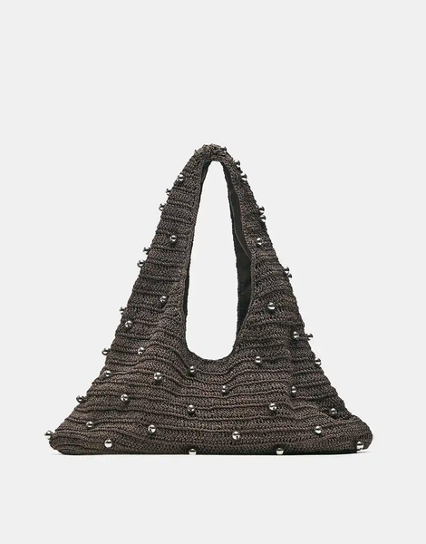  Pull & Bear Embellished Crochet Shoulder Bag In Brown 