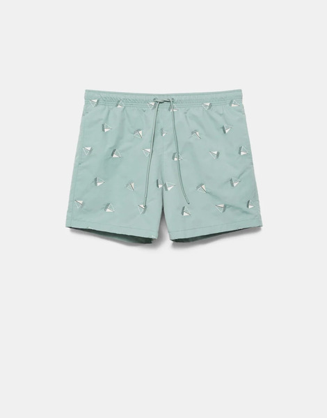  Pull & Bear Embroidered Board Shorts In Greenish 