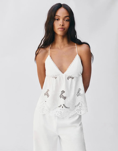  Pull & Bear Embroidered Halter Top In White 