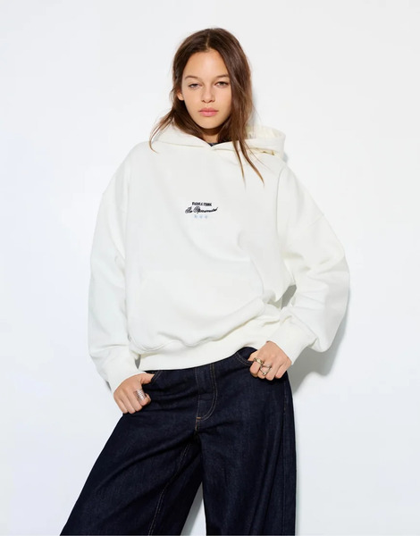  Pull & Bear Embroidered Star Hoodie In Off White 