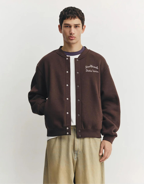  Pull & Bear Embroidered Varsity Jacket In Chocolate Brown 