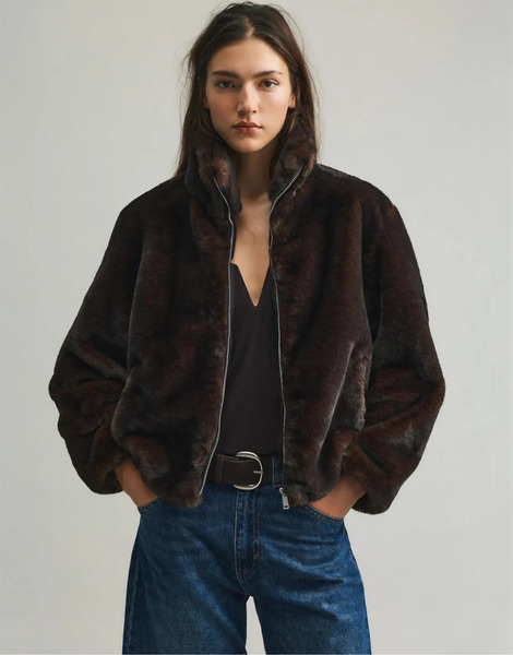  Pull & Bear Faux Fur High Neck Jacket In Brown 