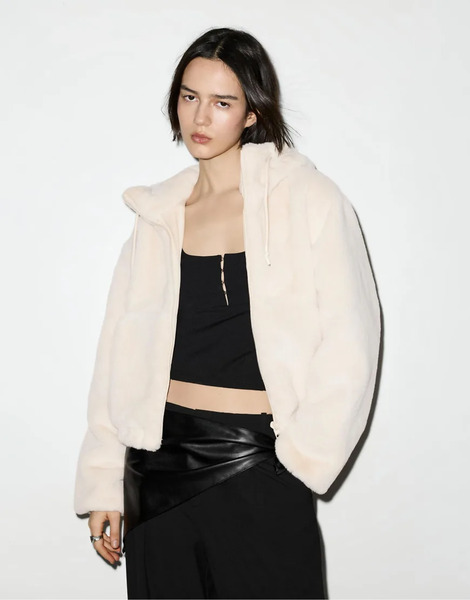  Pull & Bear Faux Fur Hooded Jacket In Beige Neutral 