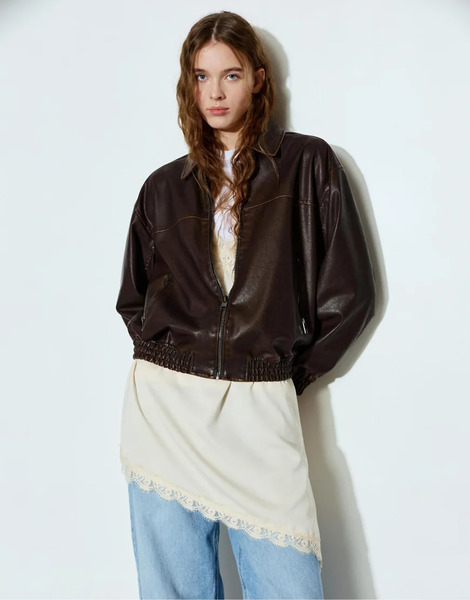 Pull & Bear Faux Leather Bomber Jacket In Brown 