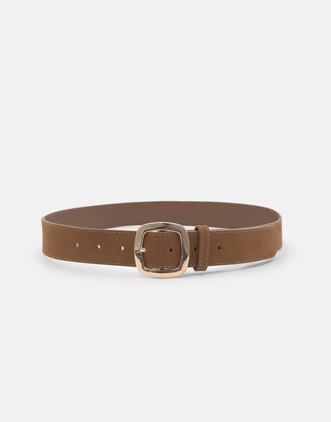  Pull & Bear Faux Suede Belt With Rounded Buckle In Brown 