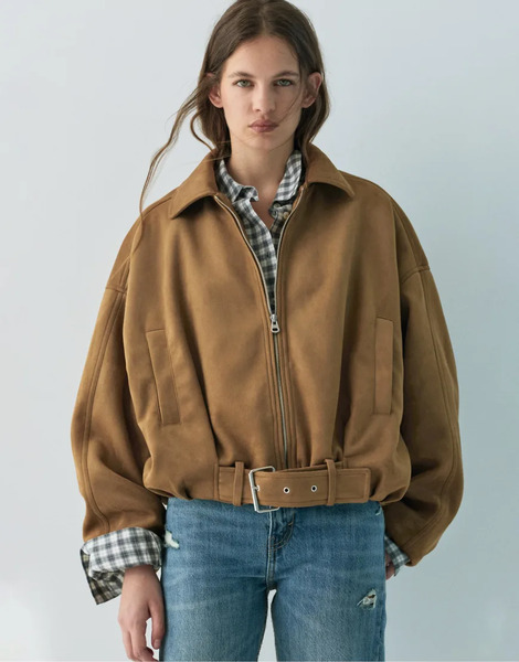  Pull & Bear Faux Suede Bomber Jacket In Caramel Brown 