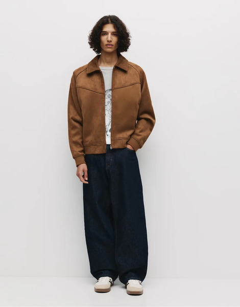  Pull & Bear Faux Suede Trucker Jacket In Brown 