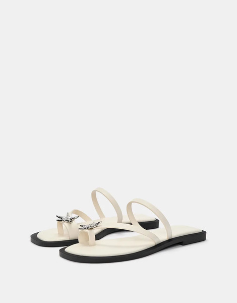  Pull & Bear Flat Embellished Sandals In Ecru White 
