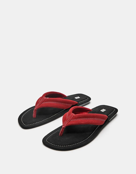  Pull & Bear Flat Leather Sandals In Red 