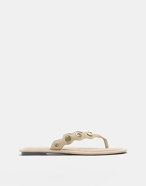  Pull & Bear Flat Studded Leather Sandals In Sand Multi 