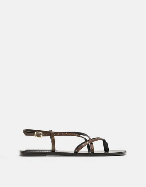  Pull & Bear Flat Studded Sandals In Brown 