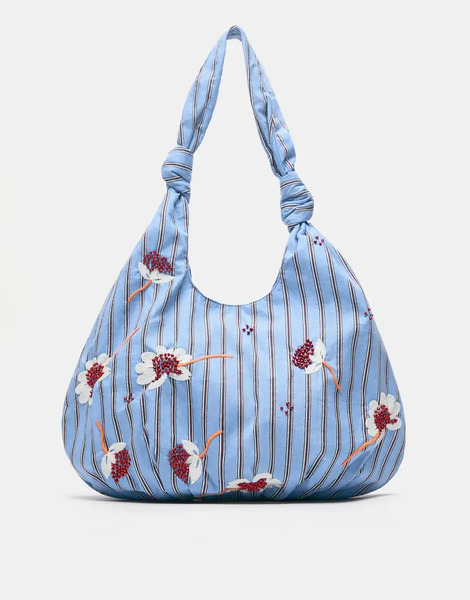  Pull & Bear Floral Stripe Tote Bag In Blue 