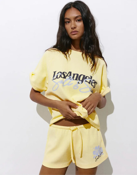  Pull & Bear Floral Textured Shorts In Light Yellow 