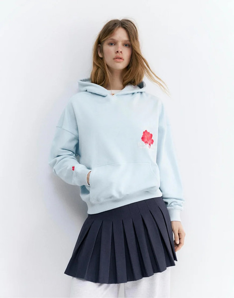  Pull & Bear Flower Graphic Hoodie In Faded Blue 