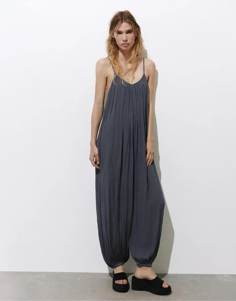  Pull & Bear Flowing Strappy Sarouel Jumpsuit In Bluish Blue 