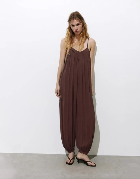  Pull & Bear Flowing Strappy Sarouel Jumpsuit In Brown 