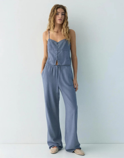  Pull & Bear Flowing Viscose Linen Blend Trousers In Blue 