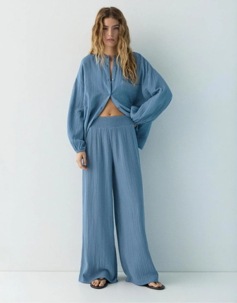 Pull & Bear Flowy Chiffon Trousers In Bluish Blue 