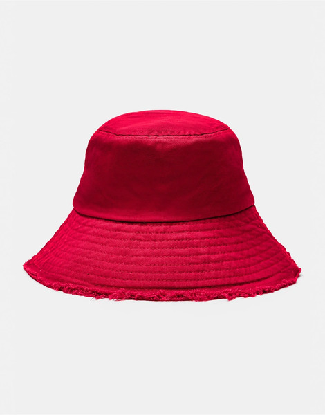  Pull & Bear Frayed Hem Bucket Hat In Red 