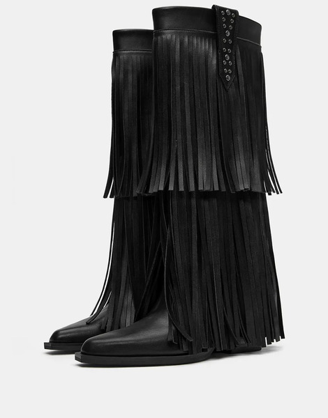  Pull & Bear Fringe High Heel Boots In Black 
