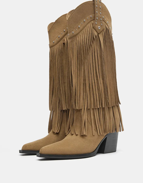  Pull & Bear Fringed Cowboy Heel Boots In Brown Multi 