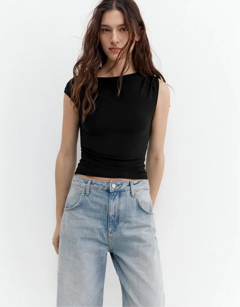  Pull & Bear Gathered Asymmetric Top In Black 