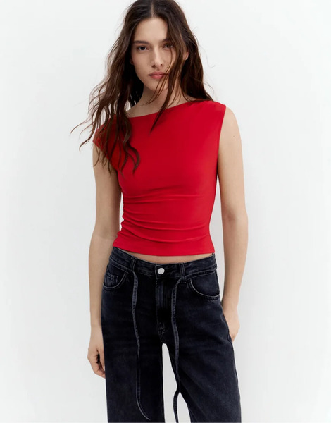  Pull & Bear Gathered Asymmetric Top In Strawberry Pink 