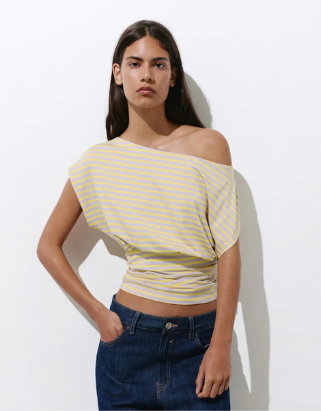  Pull & Bear Gathered Asymmetric Top In Striped Multi 