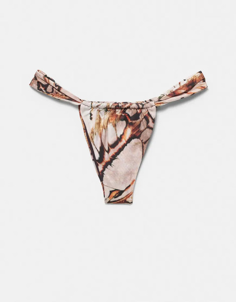 Pull & Bear Gathered Butterfly Print Bikini Bottoms In Pink 