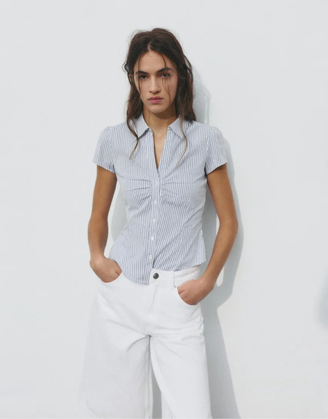  Pull & Bear Gathered Short Sleeve Shirt In Blue/white Multi 