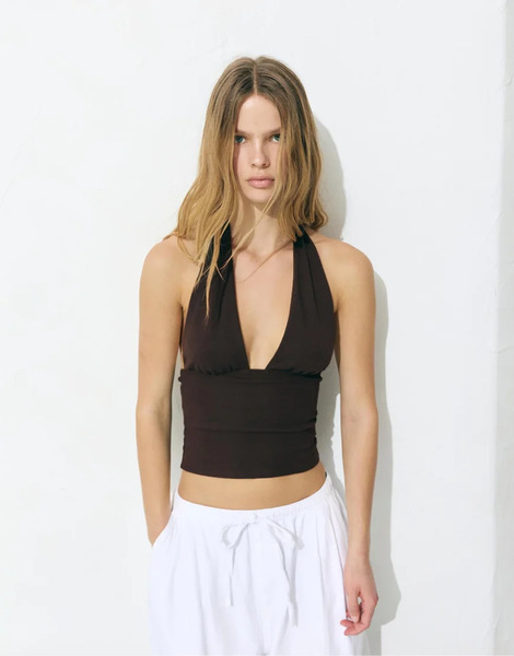  Pull & Bear Halter Balconette Top In Brown 