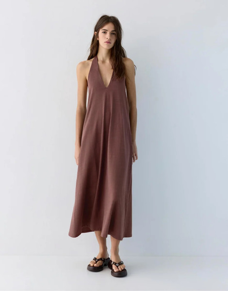  Pull & Bear Halter Midi Dress In Brown 