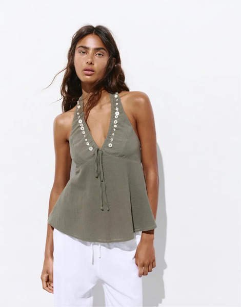  Pull & Bear Halter Neck Top With Buttons In Khaki Green 