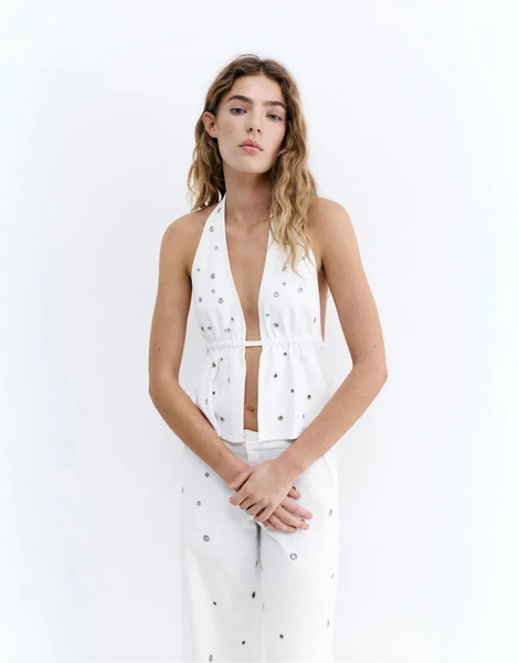  Pull & Bear Halter Top With Eyelets In White 