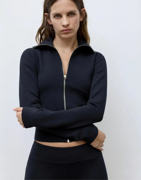 Pull & Bear High Neck Interlock Jacket In Navy 