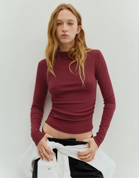  Pull & Bear High Neck Top In Burgundy Red 