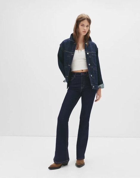  Pull & Bear High Rise Flared Jeans In Dark Indigo Navy 