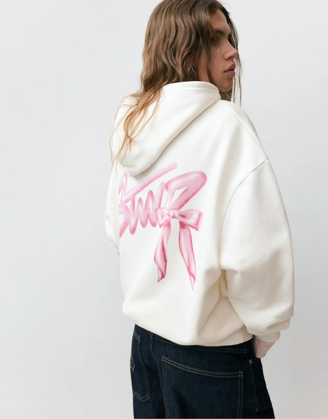  Pull & Bear Hoodie With Bow Graphic In Ice White 