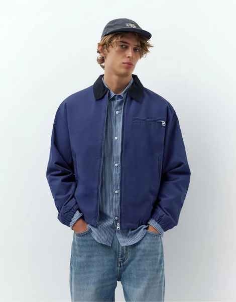  Pull & Bear Jacket With Contrast Collar In Deep Blue 