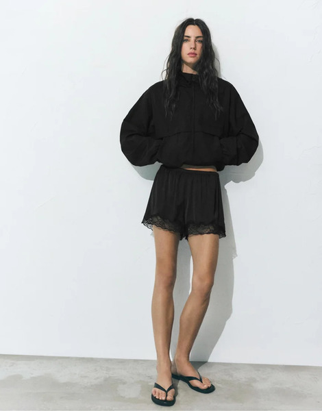  Pull & Bear Lace Trim Camisole Shorts In Black 