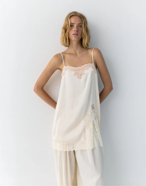  Pull & Bear Lace Trim Camisole Top In Beige Neutral 