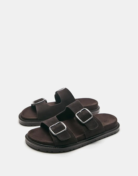  Pull & Bear Leather Buckle Sandals In Brown 