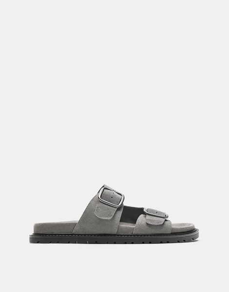  Pull & Bear Leather Buckle Sandals In Grey 