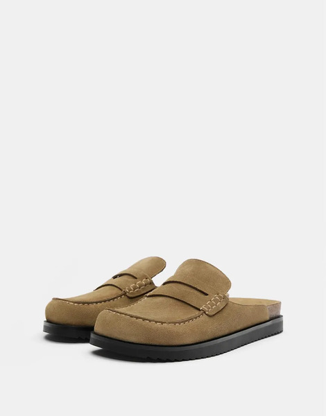  Pull & Bear Leather Clogs In Sand Multi 