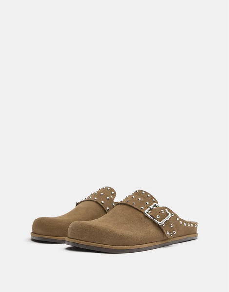  Pull & Bear Leather Clogs In Sand Multi 