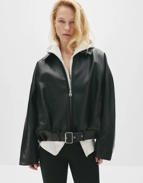  Pull & Bear Leather Effect Balloon Bomber Jacket In Black 